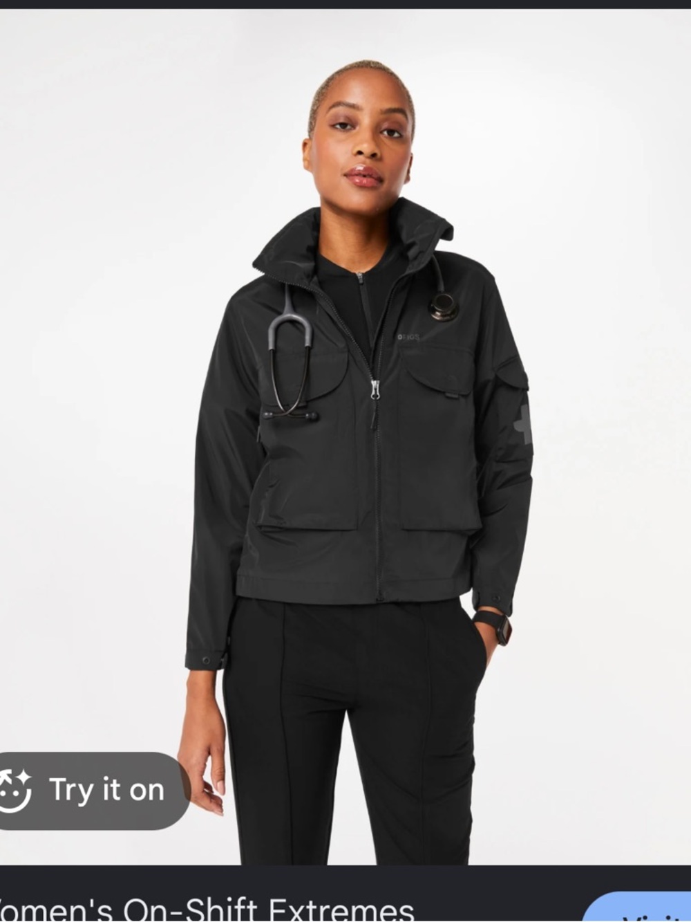 FIGS On Shift Extremes Jacket Black Hooded Water Repellent Size Small